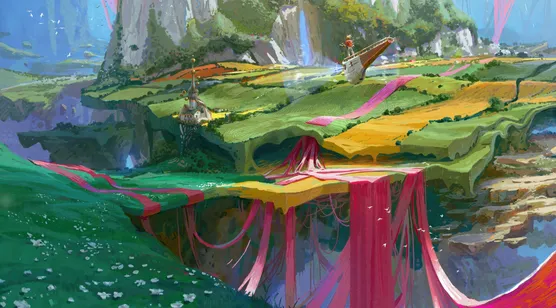 奇幻浮空田园·飞行船与粉色丝带 唯美风宽屏车机壁纸 – 高清 桌面壁纸 开放版权素材 免费下载 手机电脑通用背景图