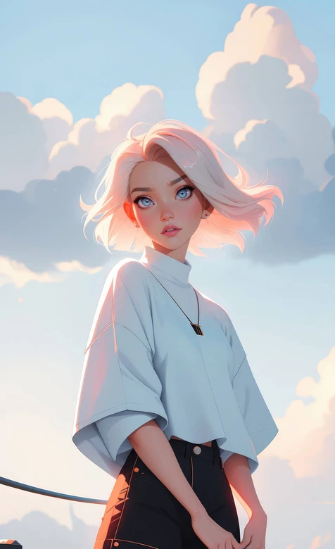 白发蓝眼少女·二次元清新风 晴空天台唯美壁纸-iPhone17-1