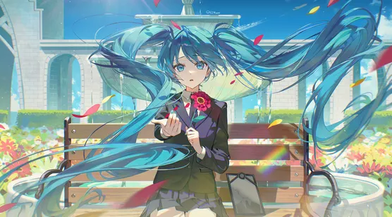 初音未来·蓝发双马尾 日系唯美花园 虚拟歌姬电脑壁纸