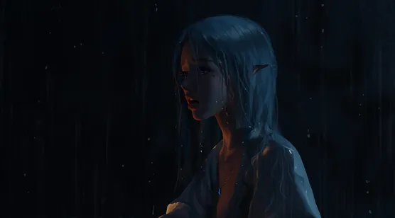 精灵耳少女·雨夜独思 暗黑唯美风原创插画 高质感电脑壁纸