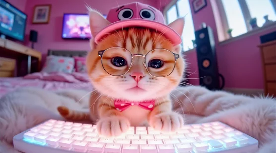 萌系橘猫·眼镜粉帽领结·可爱动态电脑壁纸