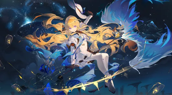 二次元游戏风金发少女·灵翼法杖星空场景 宽屏车机壁纸