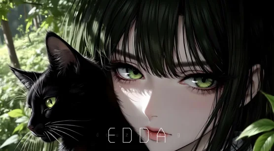 EDDA·绿眸黑发 黑猫相伴 写实唯美森系动态电脑壁纸