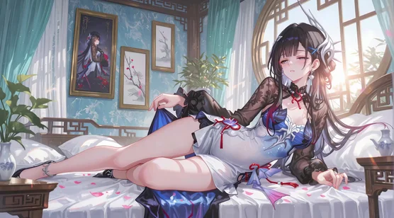 国风美少女·黑纱旗袍卧姿 唯美古风游戏动态电脑壁纸