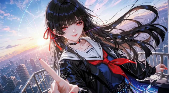 暗黑朋克JK少女·红瞳黑长直 赛博都市动态电脑壁纸