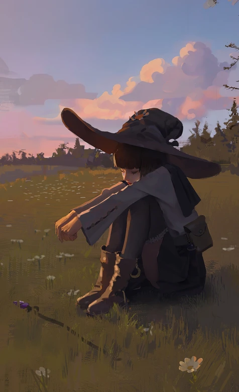 巫师帽少女·黄昏草地沉思 唯美二次元治愈系手机壁纸