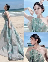 古力娜扎·蓝绿亮片抹胸裙 唯美户外写真 明星时尚大片