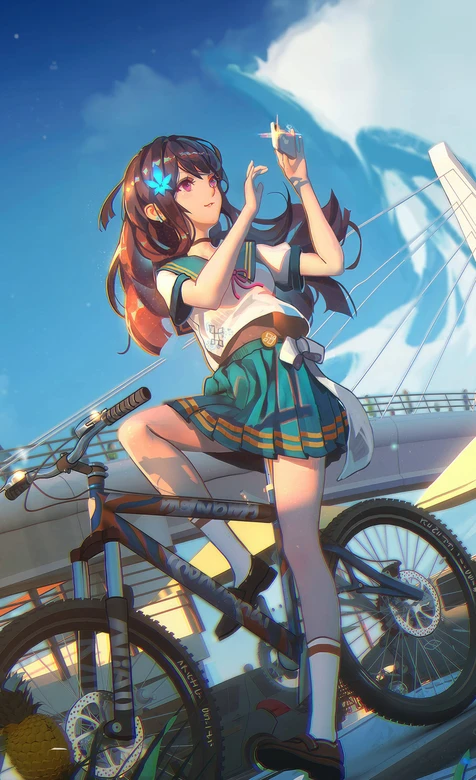 日系校服少女自行车旁拍照 清新二次元热门手机壁纸