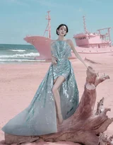 古力娜扎·蓝绿亮片抹胸裙 唯美户外写真 明星时尚大片