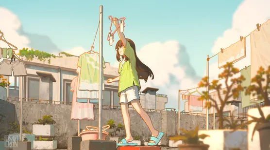 天台晾衣少女·国漫清新风 治愈生活场景电脑壁纸