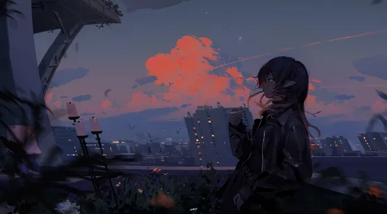 暗黑系二次元少女·城市黄昏天台 原创插画宽屏电脑壁纸