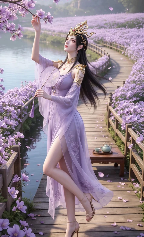国漫古风紫裙女子·美杜莎·唯美国风 花海木桥手机壁纸推荐