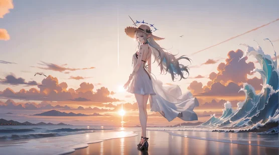 银发少女·白裙草帽 海边日落唯美动态电脑壁纸