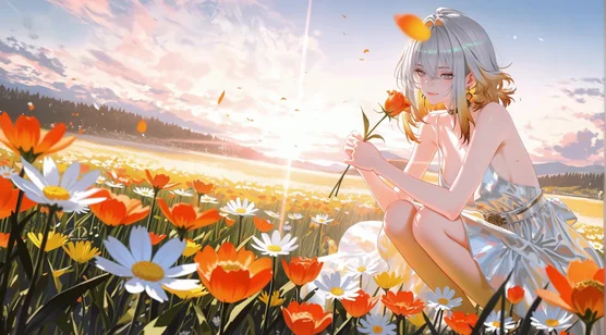 银发渐变少女花海持花 唯美夕阳动态电脑壁纸