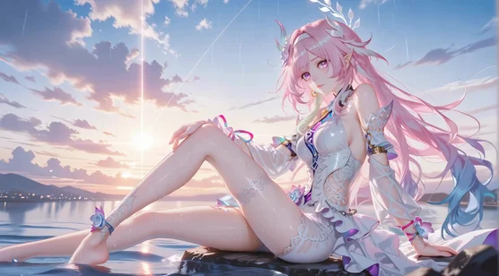粉发精灵耳少女·水畔日落 唯美二次元动态电脑壁纸