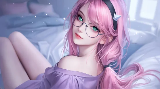 粉色长发绿眸少女·眼镜发箍紫裙 唯美二次元动态电脑壁纸