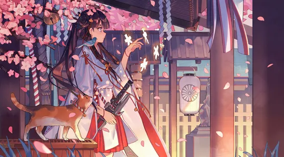 巫女服少女·持械御灵 日系樱花神社二次元唯美电脑壁纸