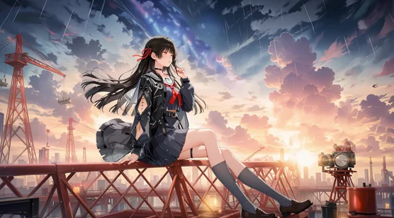 黑长直校服少女·工地黄昏 二次元动漫风动态电脑壁纸