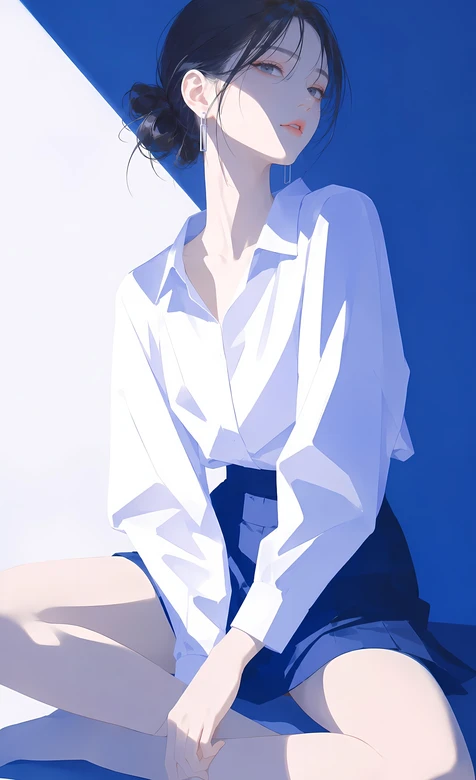 手绘气质女生·白衬衫蓝裙 唯美清新风热门壁纸