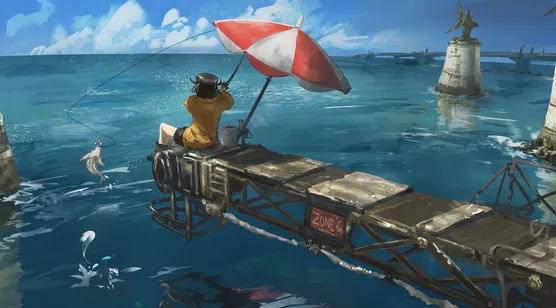 少女海钓·机械码头海洋 二次元治愈风宽屏电脑壁纸 ###