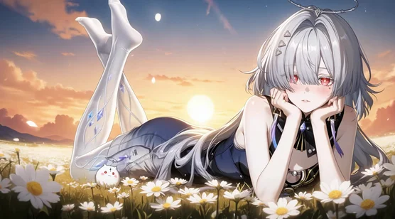银发红瞳光环少女·晶袜雏菊原野黄昏·唯美二次元动态电脑壁纸推荐