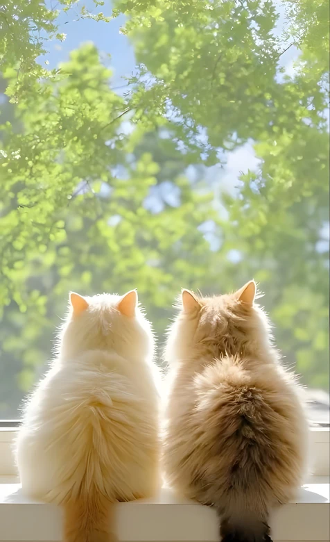 两只猫咪窗边赏绿意·唯美治愈风 治愈系宠物壁纸