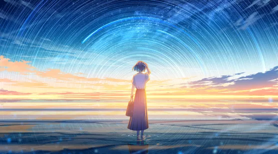 海边动漫女孩·星空海平线唯美电脑壁纸