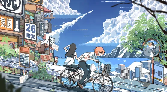 校服少年载少女骑行·国漫清新风 城市湖景雪山电脑壁纸