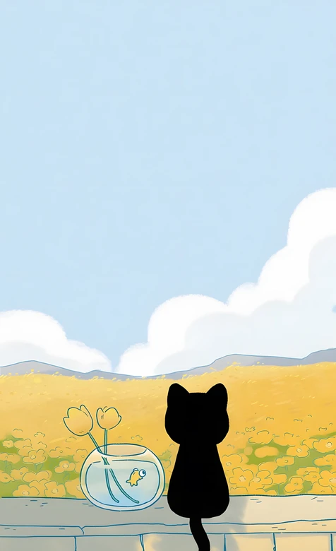 黑猫与鱼缸·花海田园·治愈系插画手机壁纸（清新治愈）