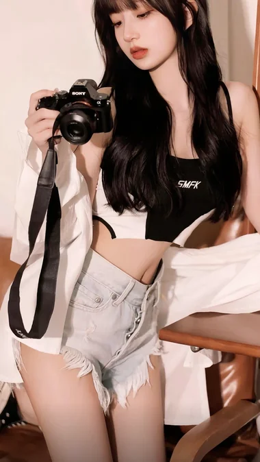 牛仔短裤拿相机的妹子