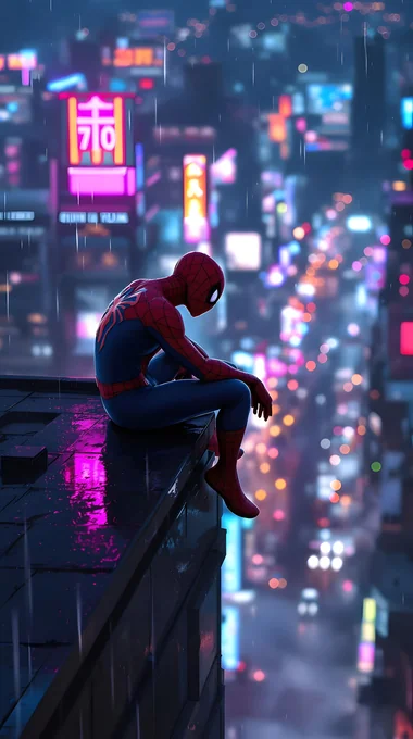赛博朋克城市 屋顶的蜘蛛侠